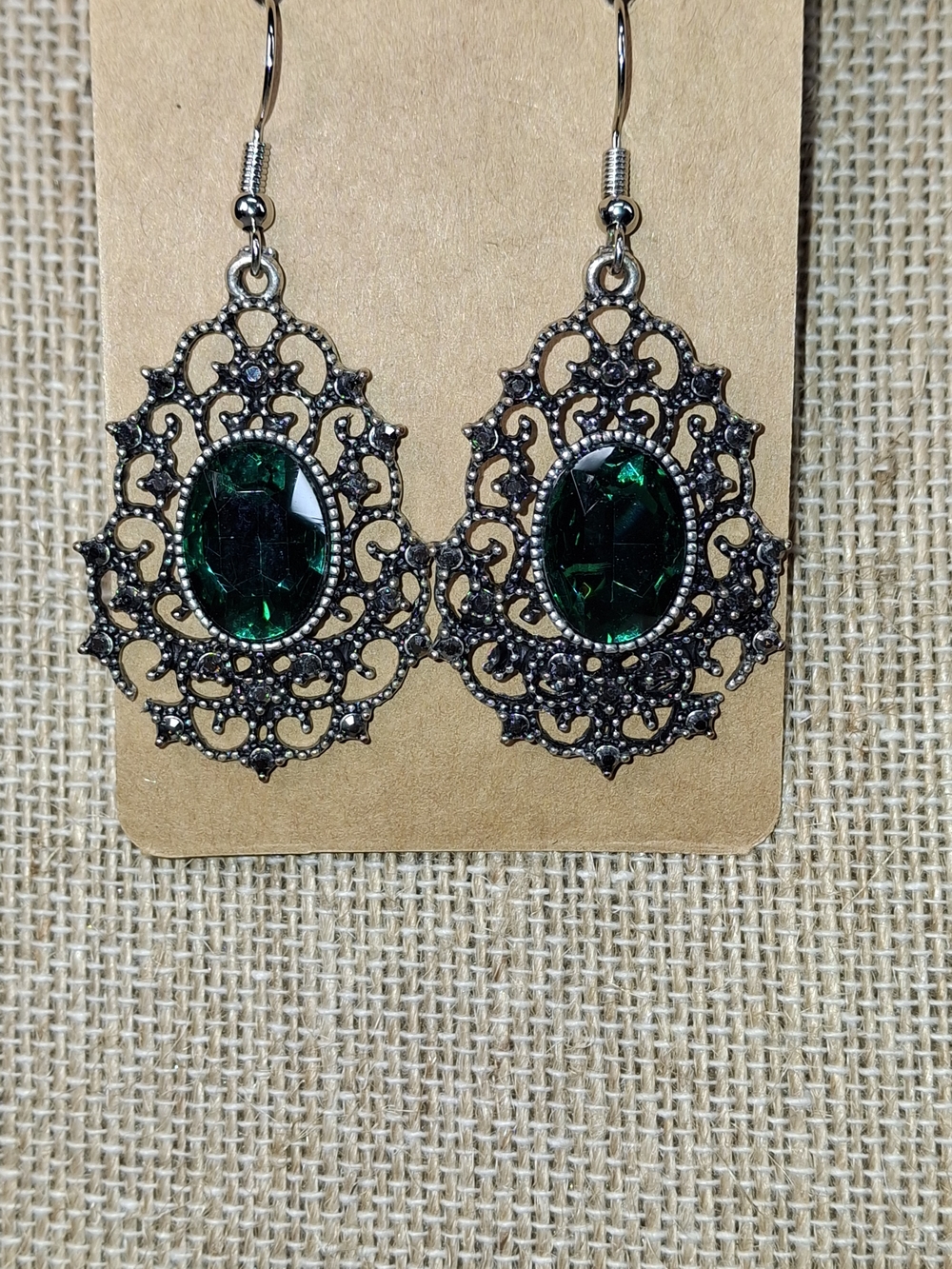 Intricate Filigree Drop Earrings with Deep Green Stones